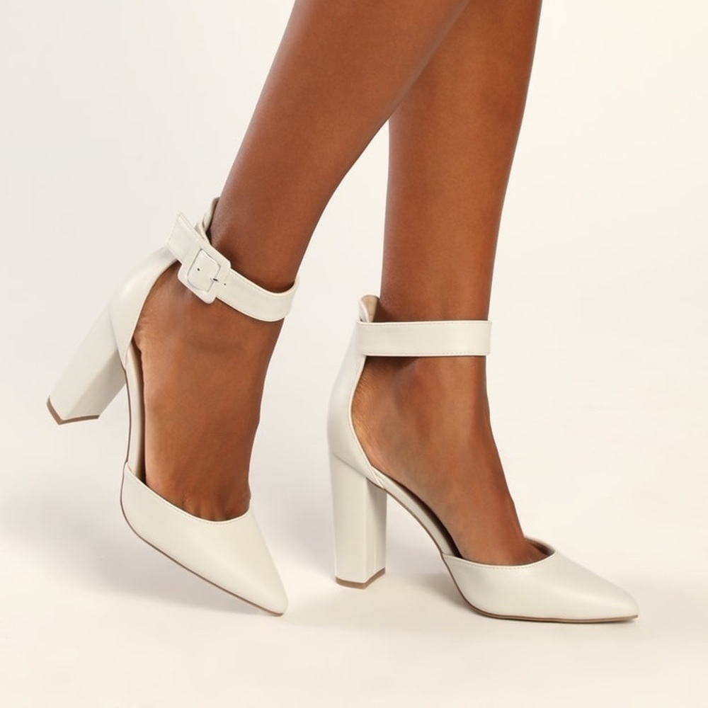 Nadiana White Pointed-Toe Ankle Strap Pumps